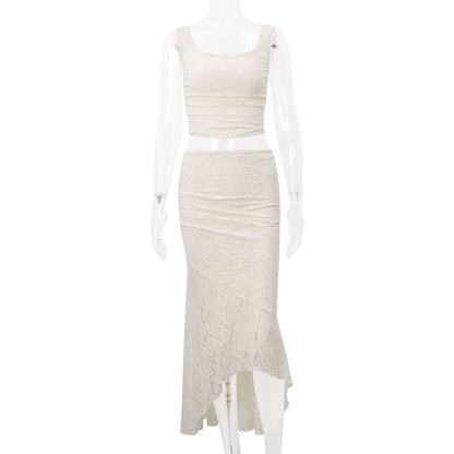 Skirt Top / Plain Lace Neck Tank Maxi High Crop Square Waist Mermaid