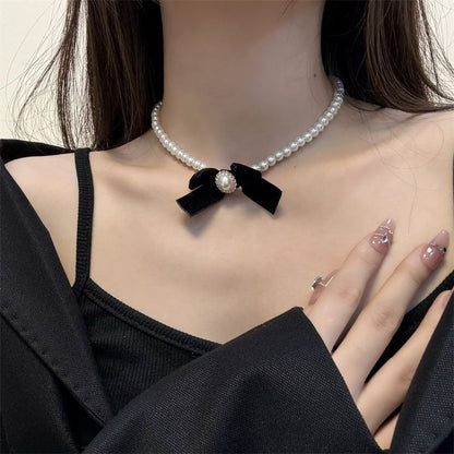 Necklace Pearl Velvet Bow Faux