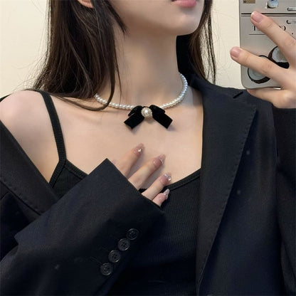 Necklace Pearl Velvet Bow Faux