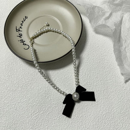 Necklace Pearl Velvet Bow Faux