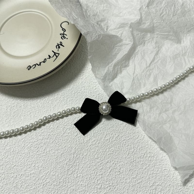 Necklace Pearl Velvet Bow Faux