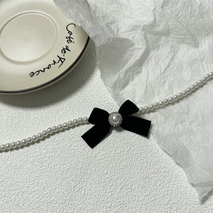 Necklace Pearl Velvet Bow Faux