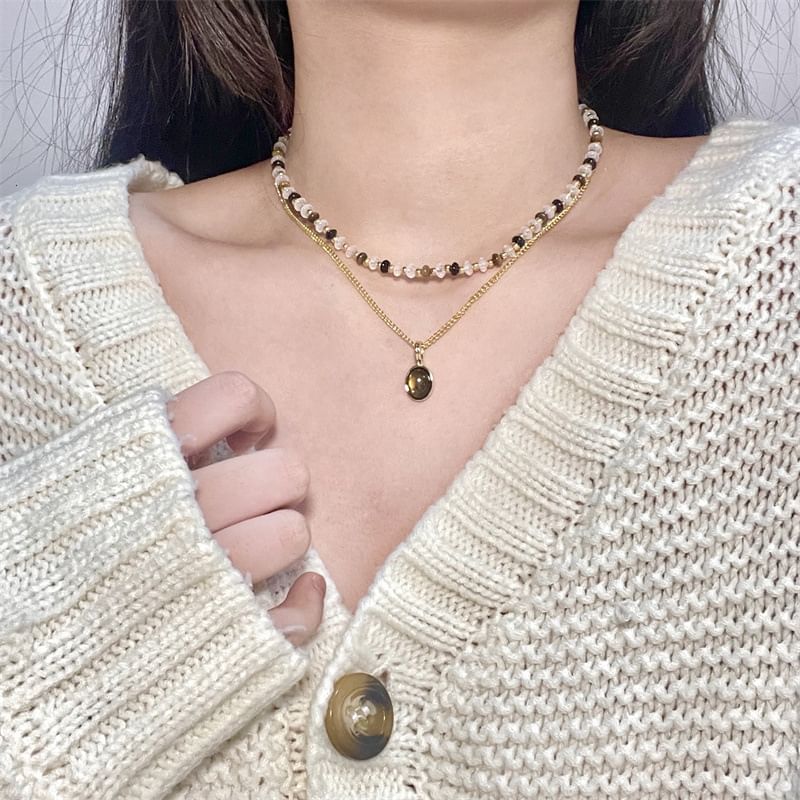 Pendant Beaded Necklace Gemstone Layered