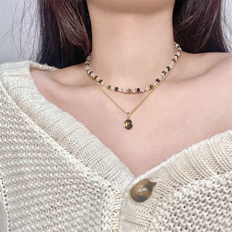 Pendant Beaded Necklace Gemstone Layered