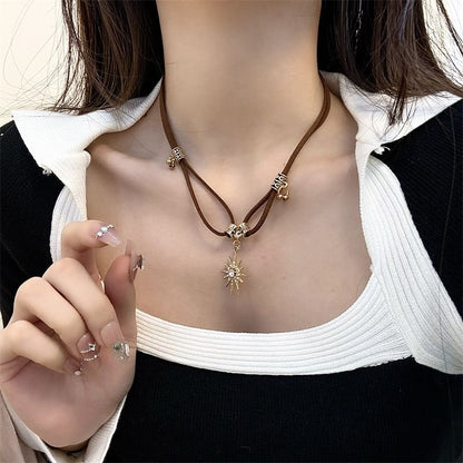 Leather Necklace Pendant Rhinestone Faux Sun