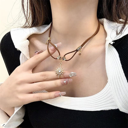 Leather Necklace Pendant Rhinestone Faux Sun