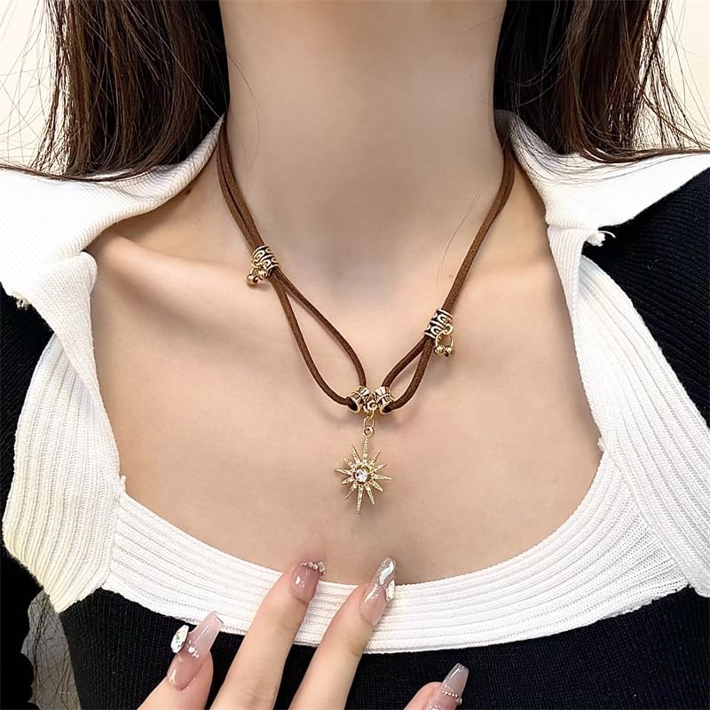 Leather Necklace Pendant Rhinestone Faux Sun