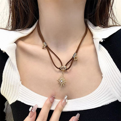 Leather Necklace Pendant Rhinestone Faux Sun