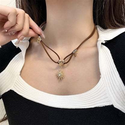 Leather Necklace Pendant Rhinestone Faux Sun