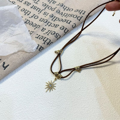 Leather Necklace Pendant Rhinestone Faux Sun
