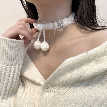 Bead Cherry Fringed Fabric Choker
