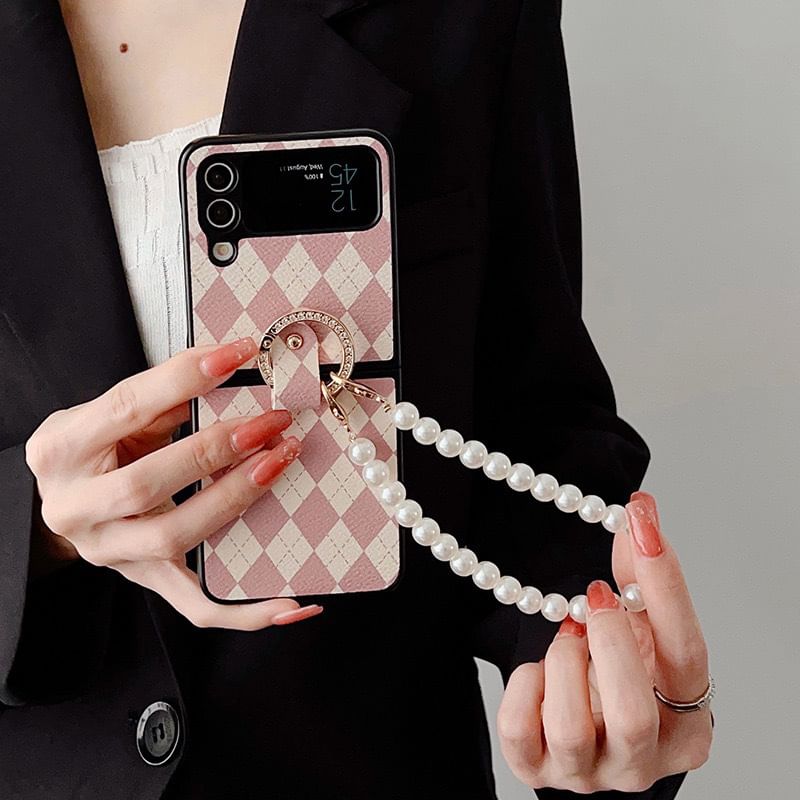 Faux Phone Strap Pearl Case Argyle