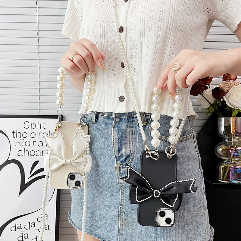 Lanyard Faux Case Phone Pearl Bow