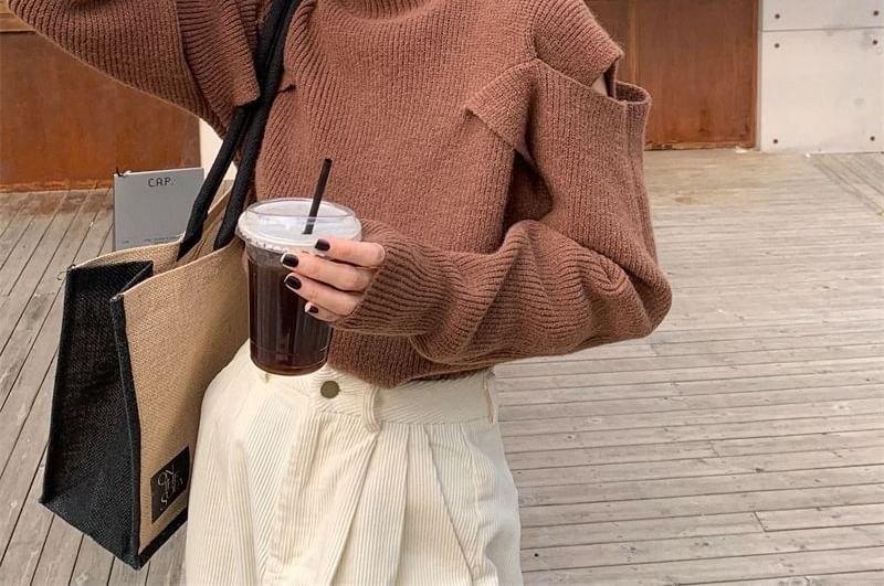 Sweater Plain Loose-Fit Turtleneck Cold-Shoulder