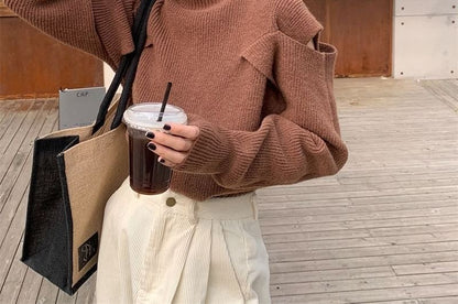 Sweater Plain Loose-Fit Turtleneck Cold-Shoulder