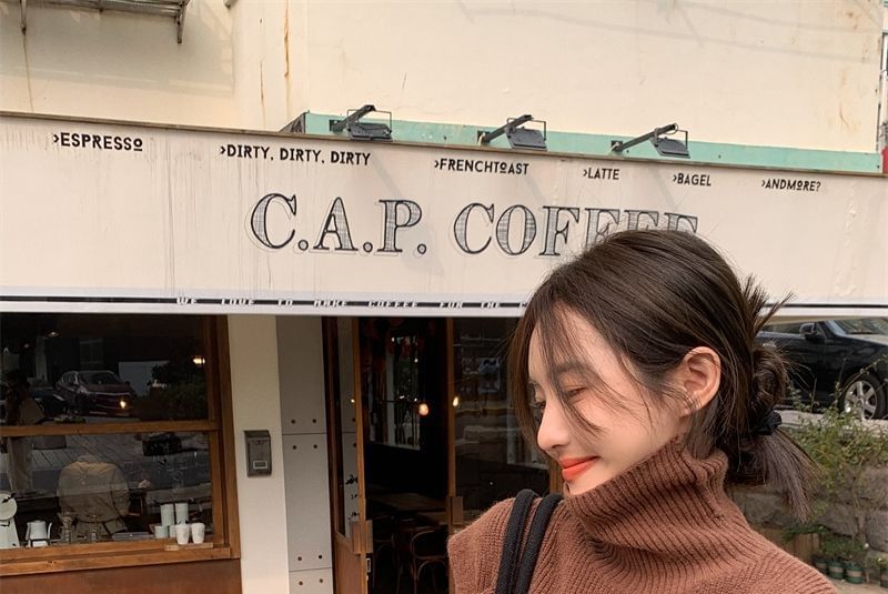 Sweater Plain Loose-Fit Turtleneck Cold-Shoulder