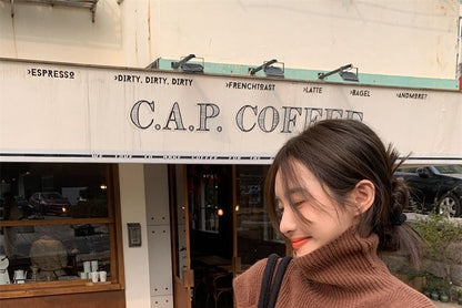 Sweater Plain Loose-Fit Turtleneck Cold-Shoulder
