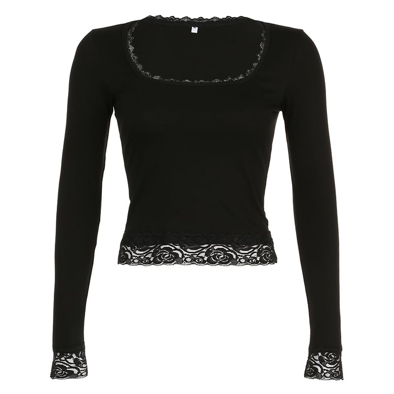 Long-Sleeve Square-Neck Lace Cropped Top