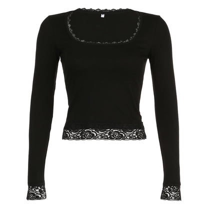 Long-Sleeve Square-Neck Lace Cropped Top