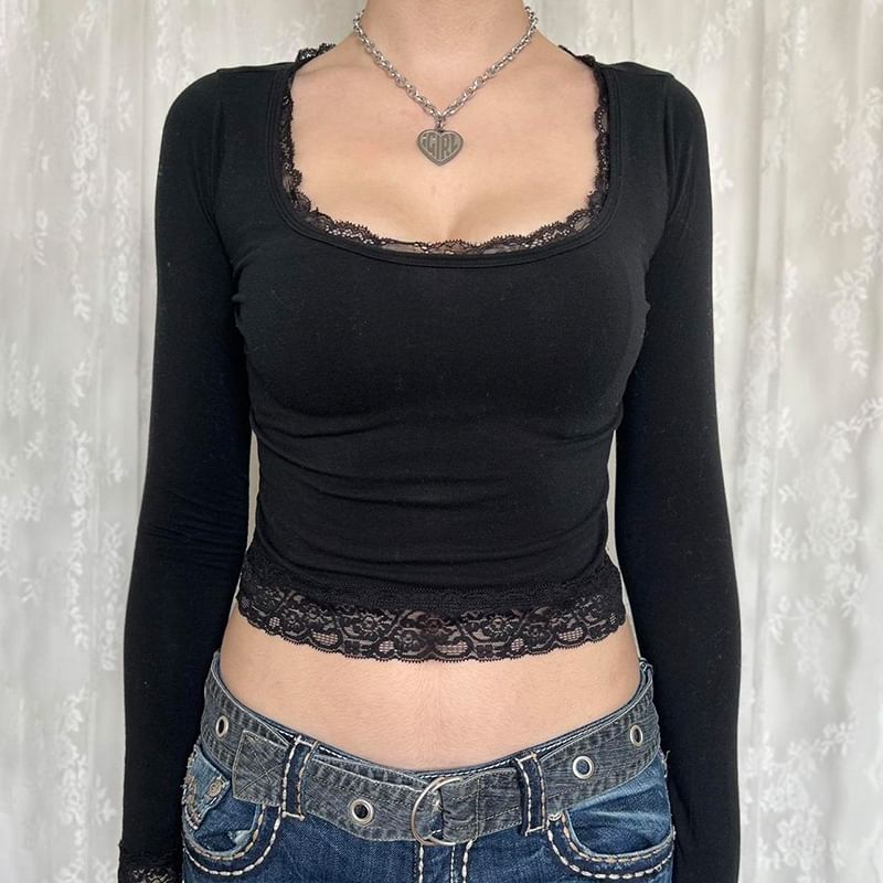 Long-Sleeve Square-Neck Lace Cropped Top