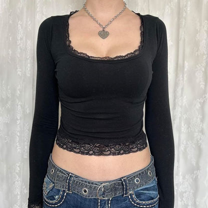 Long-Sleeve Square-Neck Lace Cropped Top