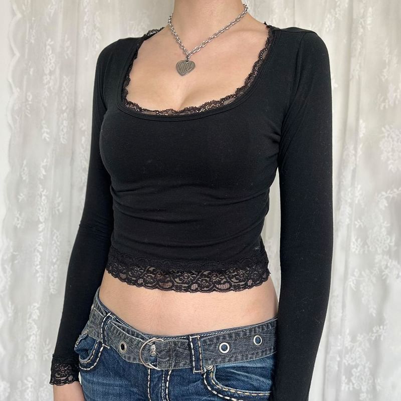 Long-Sleeve Square-Neck Lace Cropped Top