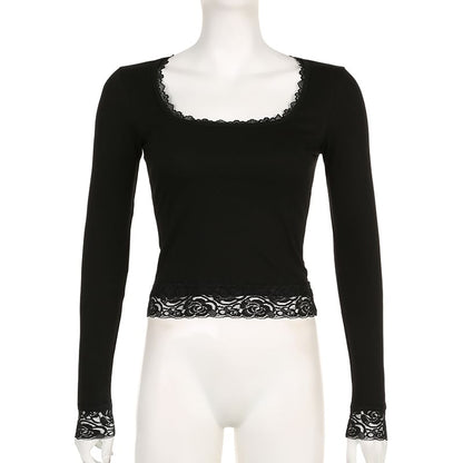 Long-Sleeve Square-Neck Lace Cropped Top