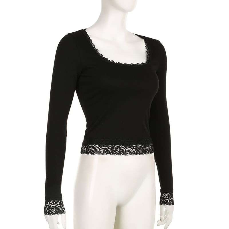 Long-Sleeve Square-Neck Lace Cropped Top