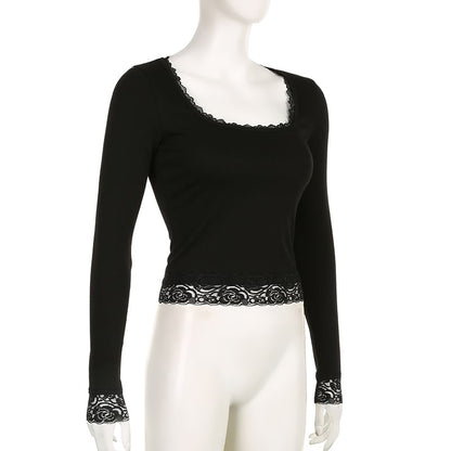Long-Sleeve Square-Neck Lace Cropped Top