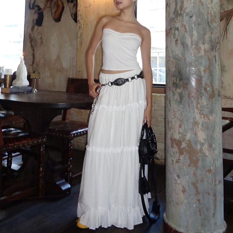Skirt Tube / Waist Plain A-Line Ruffle Top Elastic Maxi Tiered