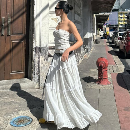 Skirt Tube / Waist Plain A-Line Ruffle Top Elastic Maxi Tiered