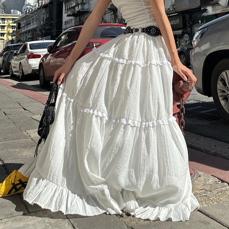 Skirt Tube / Waist Plain A-Line Ruffle Top Elastic Maxi Tiered
