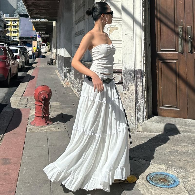 Skirt Tube / Waist Plain A-Line Ruffle Top Elastic Maxi Tiered