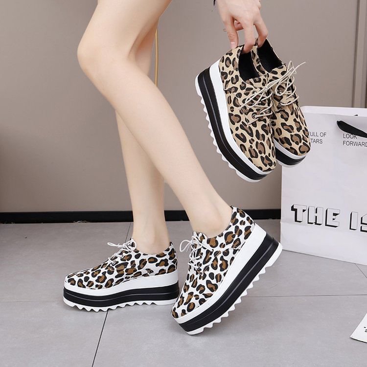 Print Lace-Up Leopard Shoes Platform