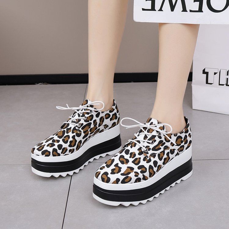 Print Lace-Up Leopard Shoes Platform