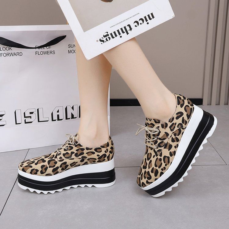 Print Lace-Up Leopard Shoes Platform