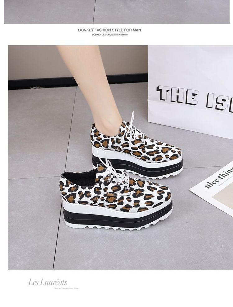 Print Lace-Up Leopard Shoes Platform