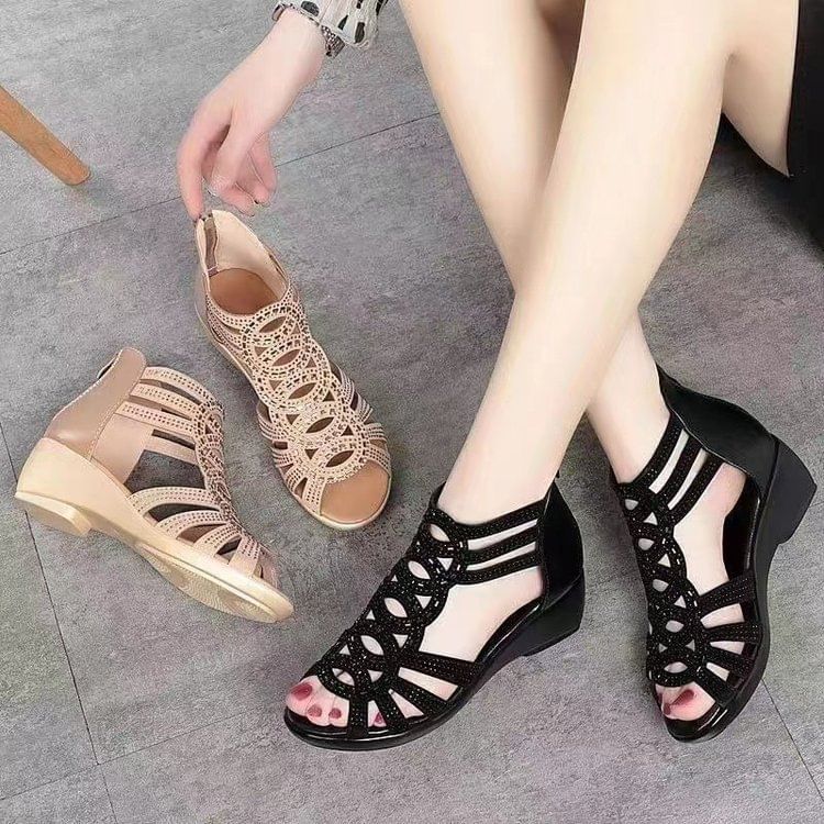 Low-Heel Glitter Perforated Sandals