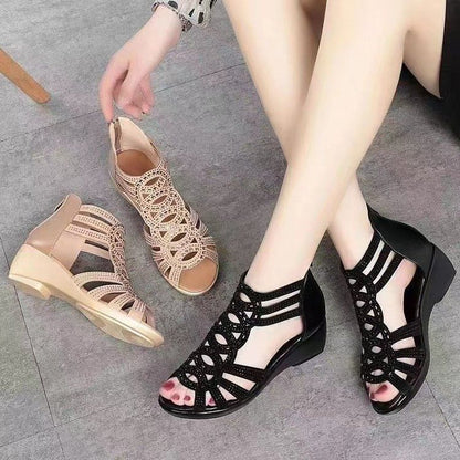 Low-Heel Glitter Perforated Sandals