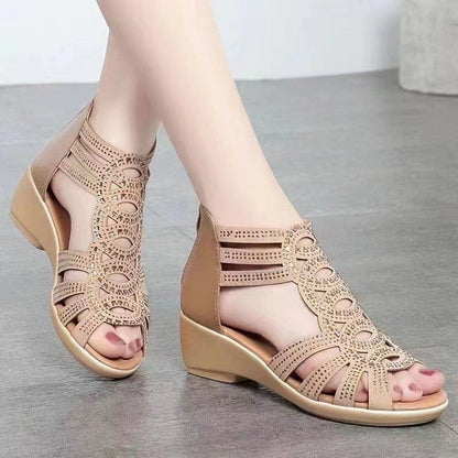 Low-Heel Glitter Perforated Sandals