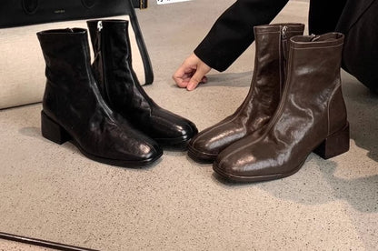 Genuine Leather Low-Heel Square Toe Short Boots
