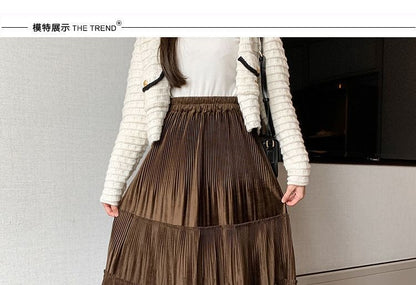A-Line Elastic Skirt Tiered Midi Plain Velvet Waist