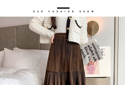 A-Line Elastic Skirt Tiered Midi Plain Velvet Waist
