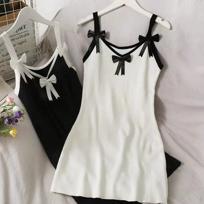 Strap Contrast Dress Trim Bodycon Mini Spaghetti Bow