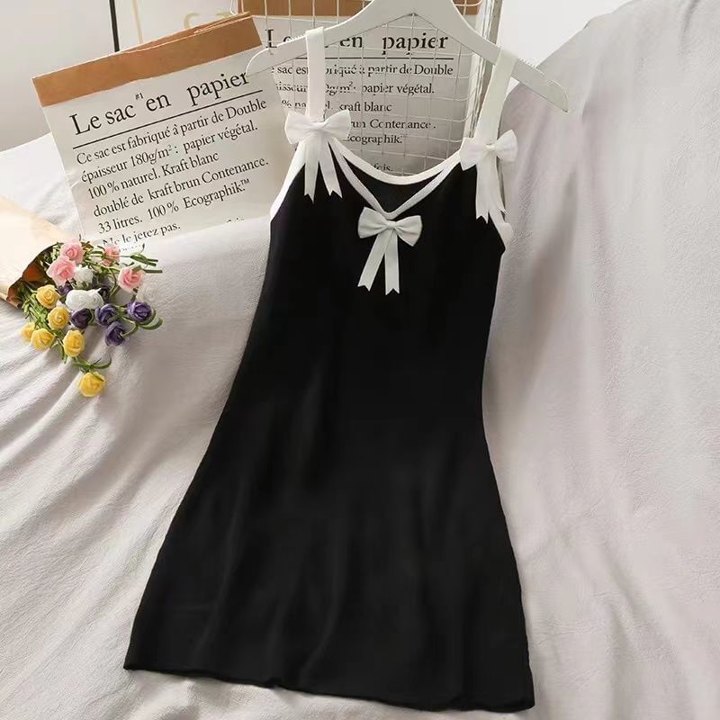 Strap Contrast Dress Trim Bodycon Mini Spaghetti Bow