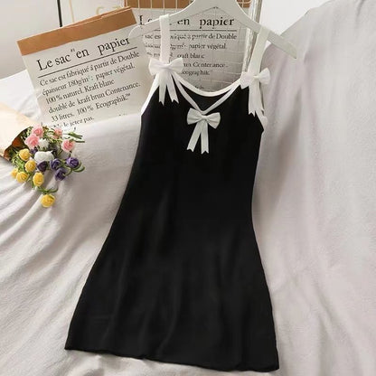 Strap Contrast Dress Trim Bodycon Mini Spaghetti Bow