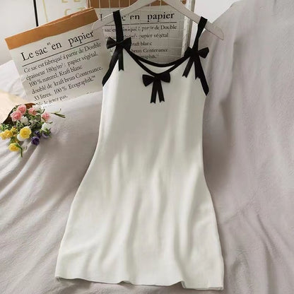 Strap Contrast Dress Trim Bodycon Mini Spaghetti Bow