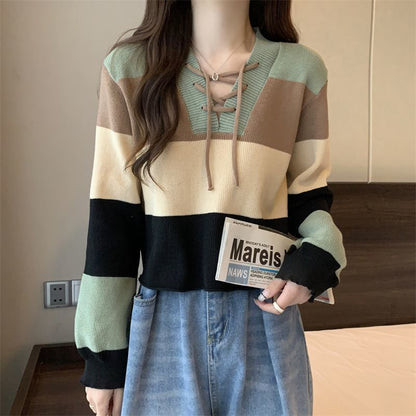 Color Sweater Lace-Up V-Neck Block