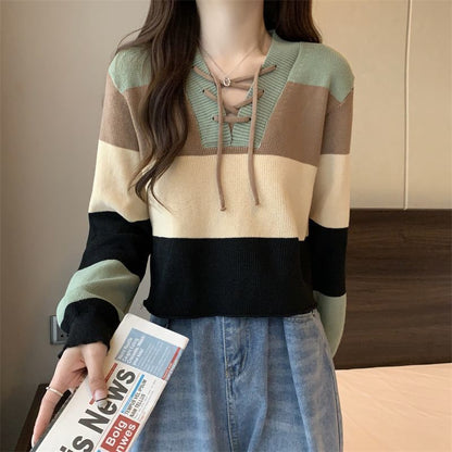 Color Sweater Lace-Up V-Neck Block