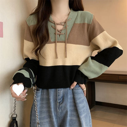 Color Sweater Lace-Up V-Neck Block